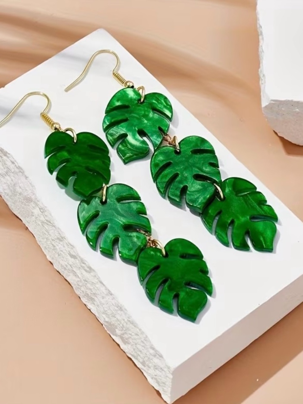 Green Monstera Leaf Dangle Earrings - Women Jewelry